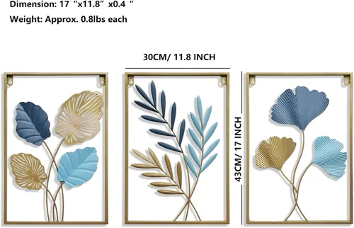 Miniatura 2 de MKUN Esculturas de pared de hierro – Juego grande de 3 piezas rectangulares de metal para decoración de pared con arte de ginkgo biloba, ideal