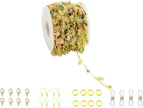 Miniatura 21 de Cadena de eslabones de girasol esmaltada hecha a mano con fornituras de latón chapado en oro para hacer joyas, máscara de vidrio, zapatos, Cc02
