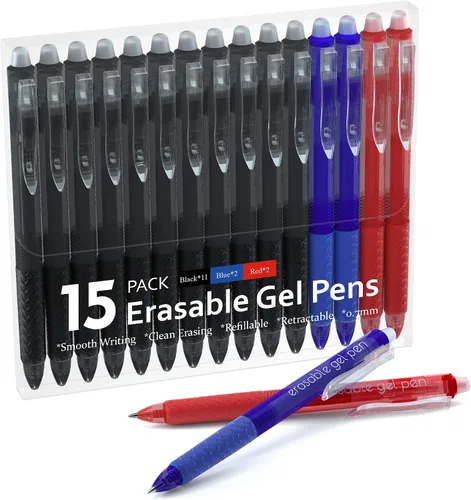 Miniatura 8 de Lineon Bolígrafos de gel borrables, paquete de 15 bolígrafos negros retráctiles borrables, punta fina, desaparecen los errores, tintas negras