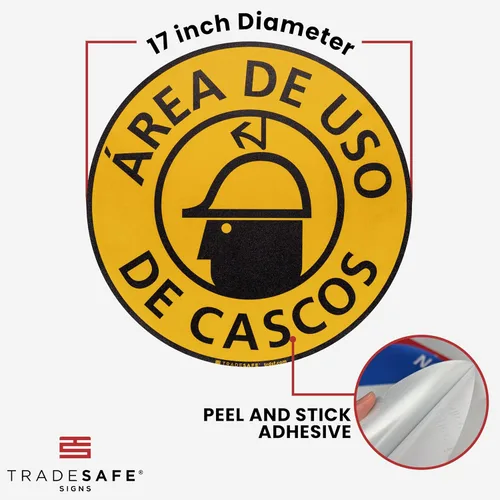 Miniatura 7 de TRADESAFE Adhesivo antideslizante para el suelo del área del casco español – Señal de precaución del Área de USO De Cascos, letrero de vinilo