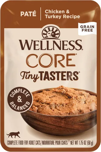Miniatura 26 de Wellness CORE Tiny Tasters - Alimento húmedo para gatos adultos, natural, rico en proteínas, sin granos, receta de atún y salmón, 1.75 onzas