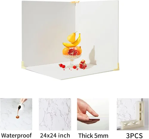 Miniatura 4 de BEIYANG Telones de fondo de fotografía de alimentos de 24 x 24 pulgadas, tableros de fondo de fotos de mármol blanco con 3 kits de soporte, tablero