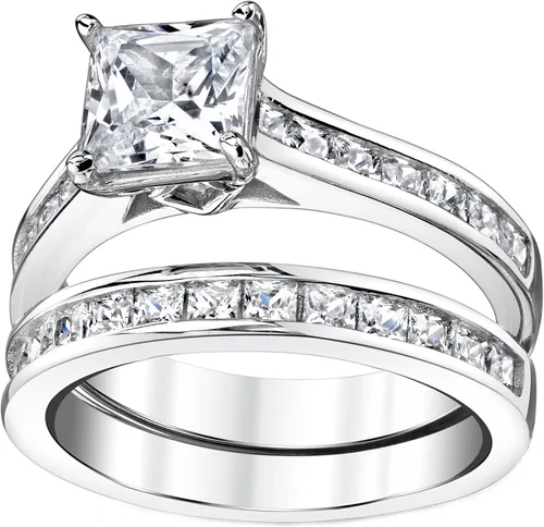 Miniatura 3 de Juego de anillos de compromiso de boda de plata de ley de 4.3 quilates con circonita cúbica de corte princesa