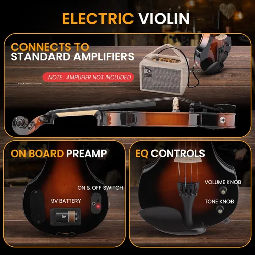 Miniatura 2 de Pyle Kit de violín eléctrico de tamaño completo, violín silencioso de madera maciza 4/4 con estuche rígido, arco, accesorios de ébano y sintonizador