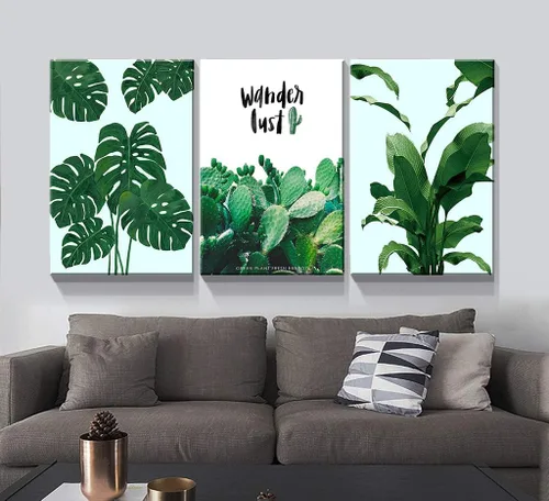 Miniatura 6 de Denozer - 3 piezas de arte de pared en lienzo con hojas verdes para sala de estar, decoración moderna del hogar, estirada y enmarcada lista