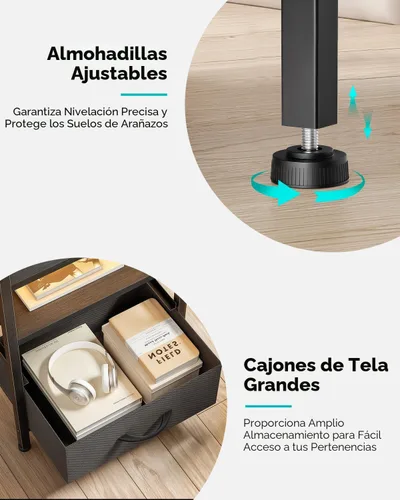 Miniatura 6 de Lazzanto Mesita de noche para dormitorio, mesita de noche con estación de carga y tira de luz LED, mesita de noche con estante de almacenamiento y 2