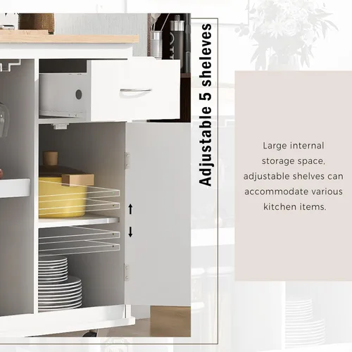 Miniatura 7 de Livavege Carrito de cocina multiusos con gabinete de almacenamiento, cajón, estante ajustable y gancho lateral, isla de cocina rodante sobre 5