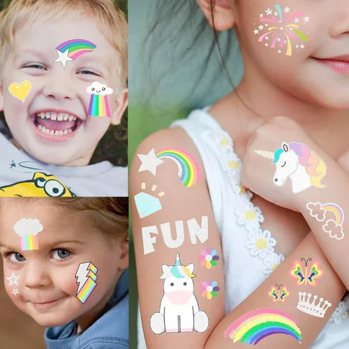 Miniatura 6 de Groovy - Lindos tatuajes temporales para niños y niñas con patrón de arco iris de unicornio, más de 123 piezas de calcomanías falsas metálicas