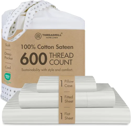 Miniatura 21 de Threadmill Sábanas de Algodón 100% para Cama Tamaño Queen - Juego de Sábanas Queen de 600 Hilos con Bolsillo Profundo de 16" - Juego de Ropa de Cama