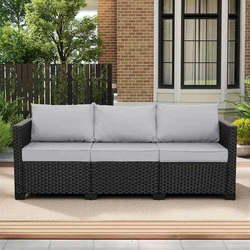 Rattaner Muebles de Exterior Sofá de Exterior Muebles de Patio Sofá de 3 Asientos Asiento Profundo Respaldo Alto con Funda Impermeable y Cojines Gris