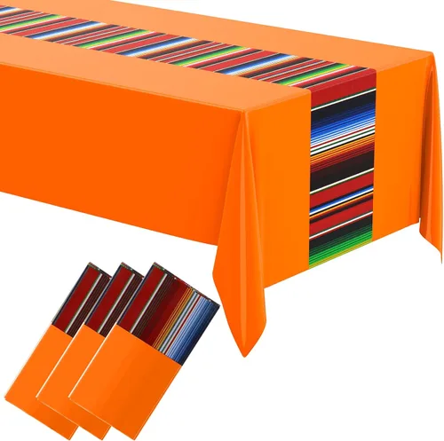 Miniatura 15 de Oudain Mantel de plástico para fiesta, 3 piezas, 108 x 54 pulgadas, desechables, impermeables, mexicanos, a rayas, para noche de tacos, festivales