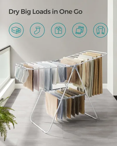 Miniatura 3 de SONGMICS Tendedero para ropa, con clips para calcetines, estante de lavandería de metal, plegable, ahorra espacio, soporte independiente, con 2 alas