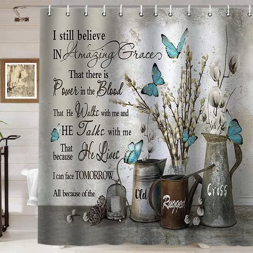 Namdeva Cortina de ducha rústica de granja, diseño de mariposa azul, flores de algodón blanco, citas inspiradoras, estilo shabby chic, decoración de