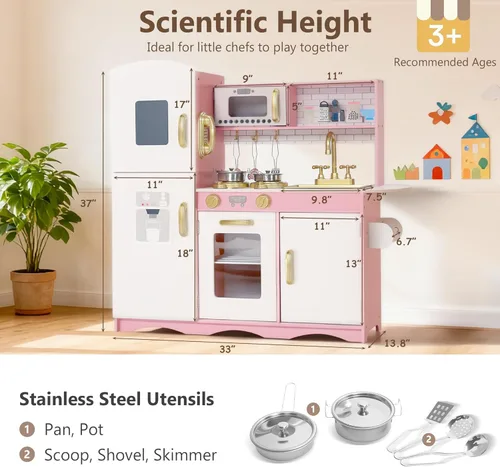 Miniatura 8 de Kinder King Cocina de madera para niños, juego de cocina de juguete para niños pequeños, horno de simulación, microondas, teléfono, pizarra, puertas