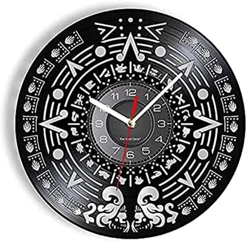 Reloj de pared de disco de vinilo con calendario maya, diseño vintage de la civilización americana, decoración de arte colgante
