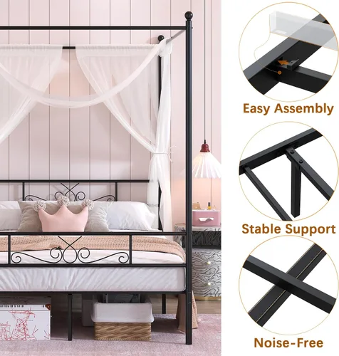 Miniatura 6 de Weehom Marco de cama con dosel, tamaño matrimonial, marco de cama con cabecera y estribo, base de colchón de 4 pósters, no necesita somier