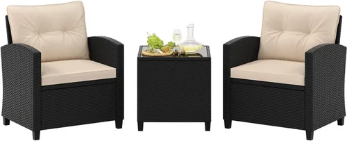 Miniatura 13 de Tangkula Juego de muebles de patio de 3 piezas, mimbre de ratán PE, juego de sofá de 3 piezas para exteriores con cojín lavable y superficie de mesa