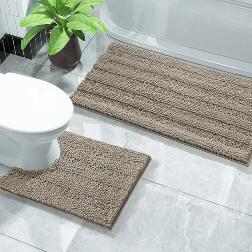 Miniatura 16 de Yimobra Juego de 2 alfombras de baño de felpilla suave y absorbente y alfombra para inodoro en forma de U, antideslizante, lavable a máquina