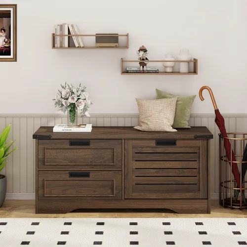 Miniatura 3 de FATORRI Banco con almacenamiento para zapatos para entrada, bancos de madera con puerta abatible y cajones, gabinete organizador de zapatos