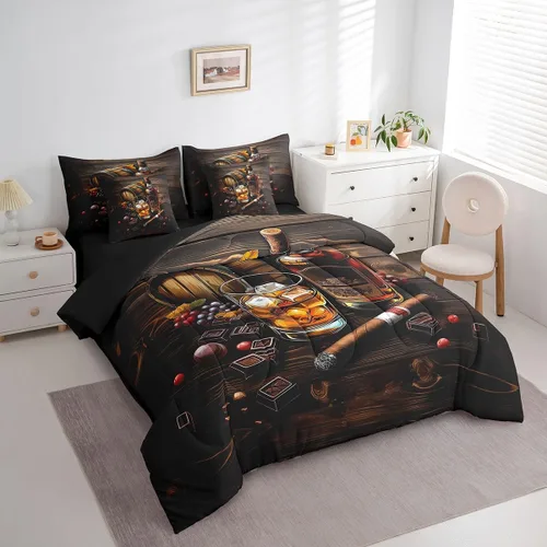 Miniatura 2 de Whisky - Juego de ropa de cama de 7 piezas tamaño individual, cama de vidrio de hielo de whisky en una bolsa para niños, juego de edredón retro