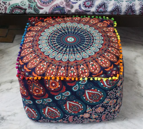 Miniatura 24 de CRAFT KALA Funda de puf tradicional de retazos cuadrados indios, funda para puf de sala de estar india, diseño otomano, decoración otomana, Elefante