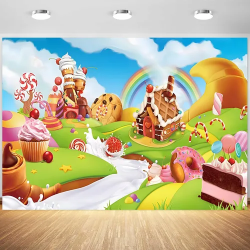 Telón de fondo de caramelo de 5 x 3 pies de dibujos animados de caramelo arco iris dulce dona piruleta crema fotografía fondo bebé niñas fiesta