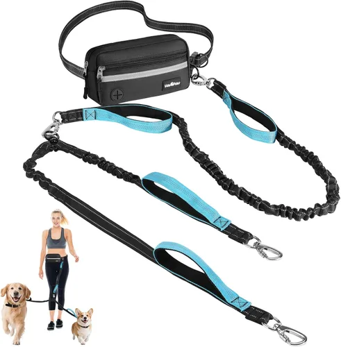VavoPaw Correa de perro manos libres para 2 perros con bolsa, correa de cintura para pasear perros, trotar, senderismo, correas retráctiles con asas
