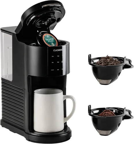 CUCKOO Cafetera de una sola porción para granos molidos K-Cup y té de hojas sueltas, versátil cafetera de cápsulas 3 en 1, pequeña máquina de taza