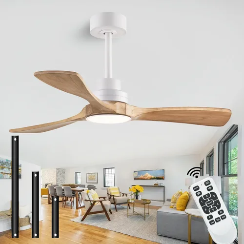 Miniatura 17 de Ventilador de techo de 52 pulgadas sin luz, con control remoto, motor CC reversible, con 3 aspas de madera maciza, para patio, sala de estar, Nogal
