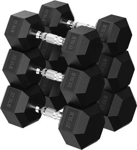 Miniatura 15 de HANDBODE Juego de mancuernas hexagonales de 45 a 640 libras, mancuernas de ejercicio y fitness con revestimiento de goma para gimnasio en casa
