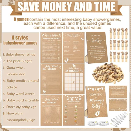 Miniatura 4 de Funnymoom 426 Piezas Juego de Juegos para Baby Shower de Papel Kraft - 8 Juegos, Incluye Bingo de Baby Shower, El Precio Correcto, Adivina Quién