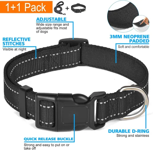 Miniatura 3 de Ladoogo collar reflectante para perro con acolchado de neopreno suave, collares de nylon transpirables y ajustables para perros pequeños, medianos