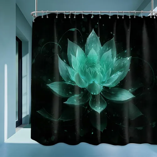 Miniatura 60 de Cortina de ducha con flores de loto negro y azul para decoración de baño, juego de cortinas decorativas de baño con estampado floral, tela