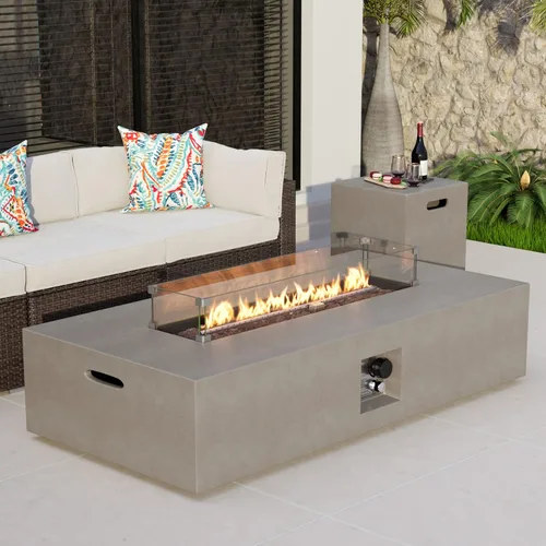 Miniatura 11 de COSIEST mesa de fogata a propano para exteriores de 35 pulgadas cuadrada de arenisca con protector contra el viento y mesa lateral, certificada