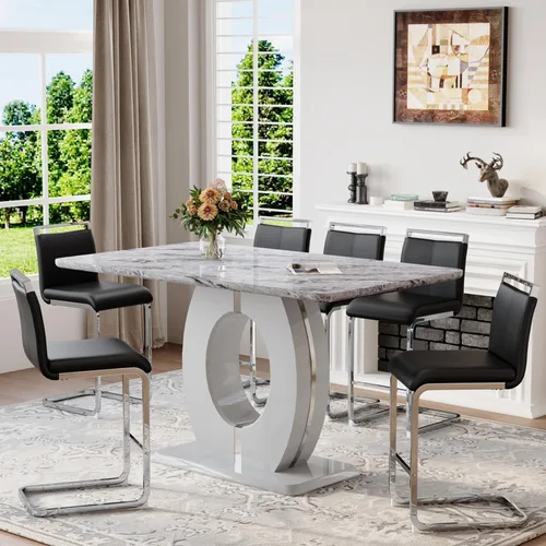 Miniatura 22 de Juego de mesa de comedor de mármol de 63 pulgadas para 6, moderno juego de mesa de comedor de altura de mostrador, mesa alta gris con taburetes