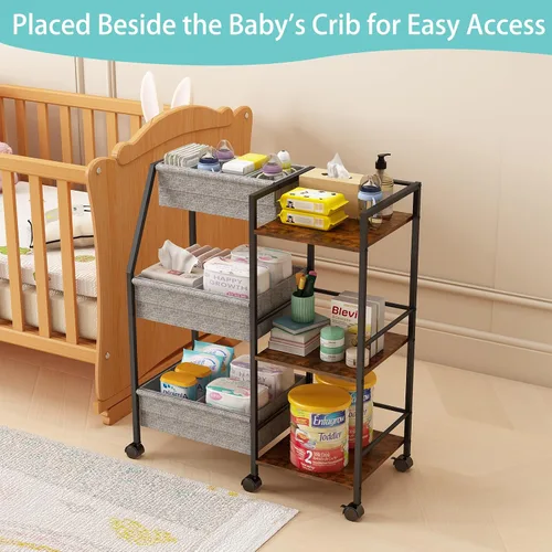 Miniatura 2 de Carrito organizador de pañales para bebé, carrito de ruedas rodantes de 3 niveles con separadores y estantes, carrito de utilidad de cabecera