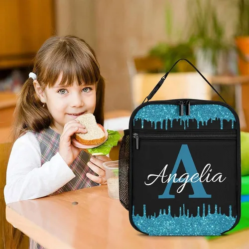 Miniatura 7 de Bolsa de almuerzo con nombre personalizado para hombres y mujeres, con monograma de purpurina azul, hielera, portátil, con nombre, para niñas, azul
