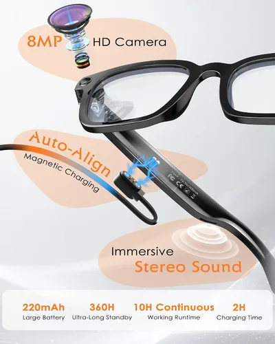 Miniatura 3 de Gafas inteligentes con cámara y audio, gafas con cámara HD de 8MP y filtro de luz azul para hombres y mujeres, grabación de video 1080P con gafas