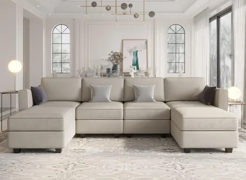 Miniatura 11 de Belffin Sofá modular en forma de U con tumbonas reversibles, de terciopelo, con asiento de almacenamiento, color negro