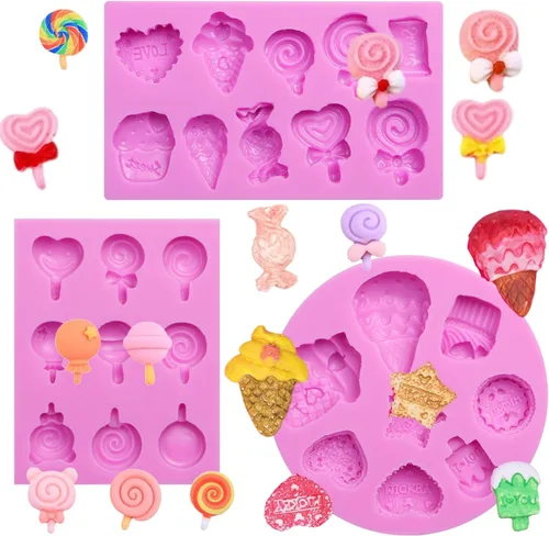 Moldes para fondant de helado de silicona, moldes de caramelo de piruleta, 3 paquetes para hacer moldes de fondant con formas de helado, decoración