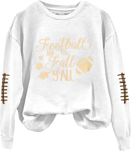 Women Football Fall Y'all Sweatshirt Long Sleeve Round Neck Funny Letter Print Hoodie Pullover Loose Casual Fashion Fall Tops
