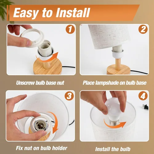 Miniatura 6 de Lámpara de escritorio con bombilla LED incluida, pequeña lámpara de mesita de noche enchufable, base de madera clásica con pantalla de tela de lino