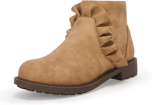 Coutgo Botas de tobillo con volantes y cremallera lateral, tacón bajo grueso, sin cordones, botines Chelsea casuales