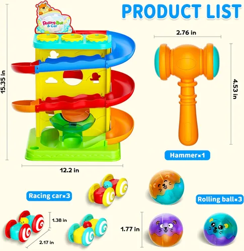 Miniatura 5 de Funwee 2 en 1 Juego de Bola Rodante y Rampa de Coches de Carreras para Niños Pequeños, Pista de Carreras con Martillo, Luces y Bolas que Caen, Juego