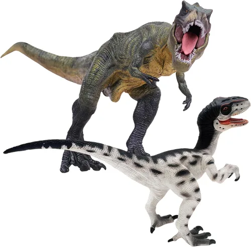 Miniatura 5 de Gemini&Genius Tyrannosaurus Rex y Velociraptor Set con mandíbula movible, juguetes de dinosaurio, figuras de acción del mundo de dinosaurios