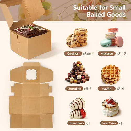 Miniatura 3 de Paquete de 80 cajas de galletas con ventana, cajas de papel kraft de 4 x 4 x 2.5 pulgadas para golosinas, postres, mini pasteles, galletas