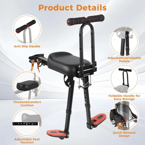 Miniatura 8 de Asiento de bicicleta plegable para niños, asiento de bicicleta de montaje frontal para niños en bicicleta de adultos, asiento portátil de bicicleta