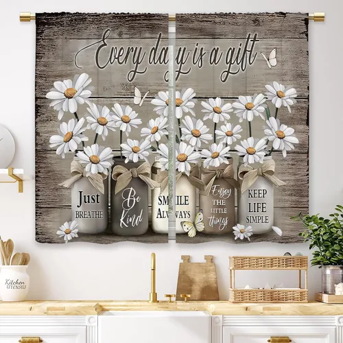 Miniatura 23 de Cortinas de Cocina de Girasol Estilo Granja, Cortinas de Ventana Cortas Pequeñas de Café con Flores Rústicas Florales del Campo, Cortinas de Ventana