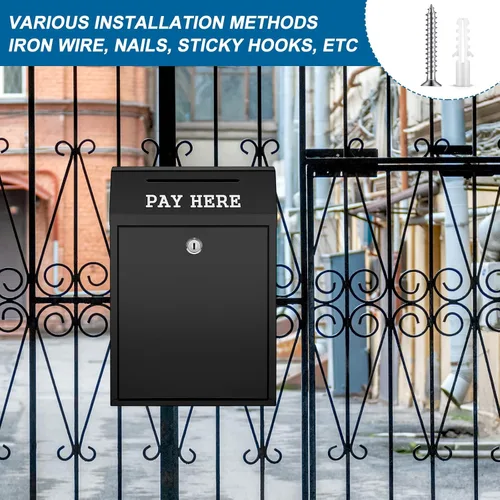 Miniatura 4 de Yaocom Caja fuerte de dinero para recolección de dinero, caja de donación de metal con cerradura para montaje en pared preperforado, buzón de Negro