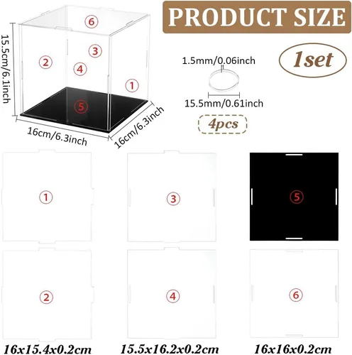 Miniatura 2 de FINGERINSPIRE Vitrina de acrílico transparente con base negra y 4 anillos de goma de 6 x 6 x 6 pulgadas, caja de acrílico transparente